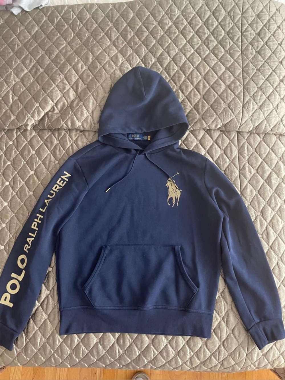 Ralph Lauren Navy Hoodie with Gold Polo Logo